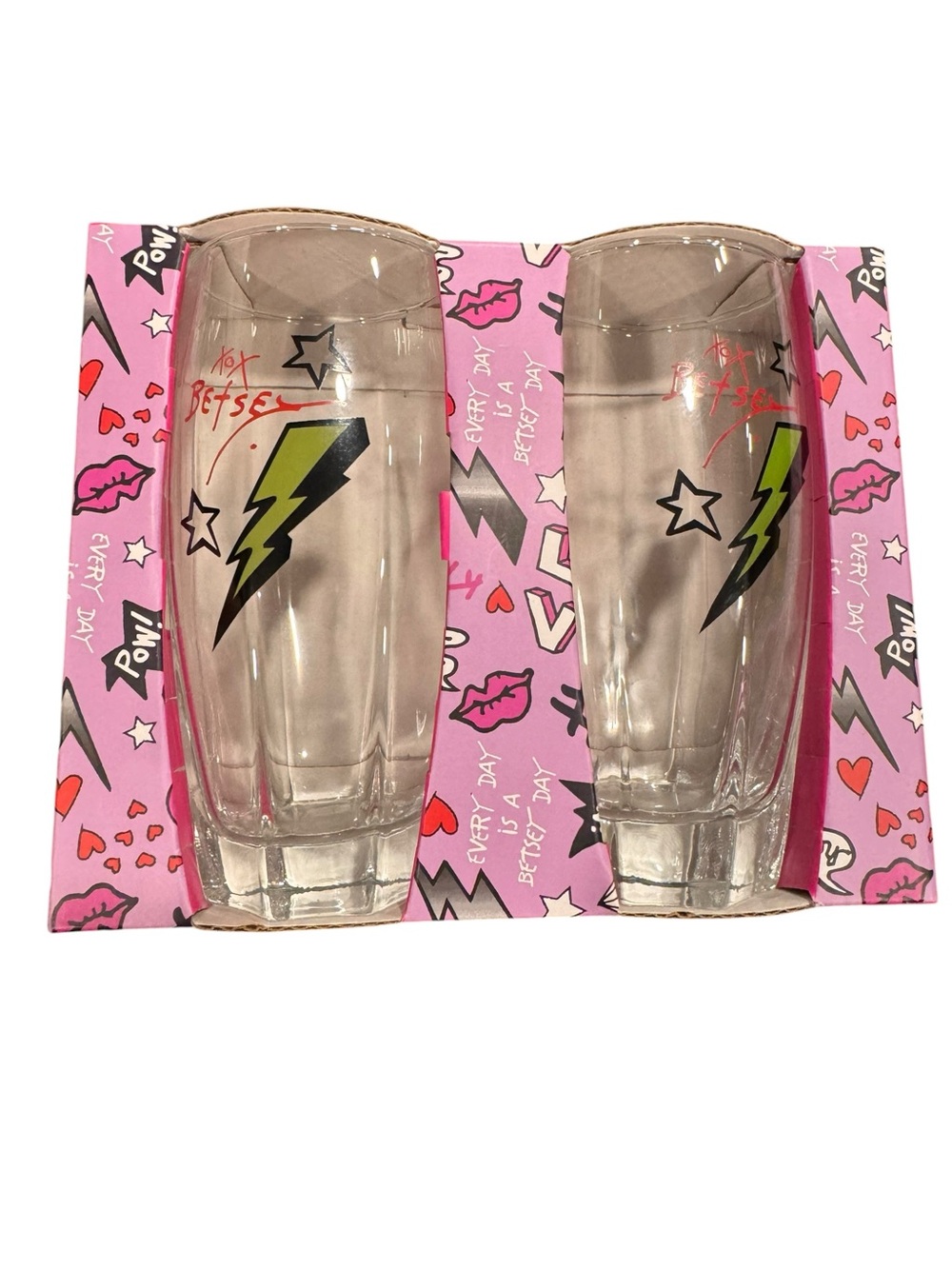 Betsey Johnson Glass Tumbler Set with Pink & Green Lightning Bolt Accents